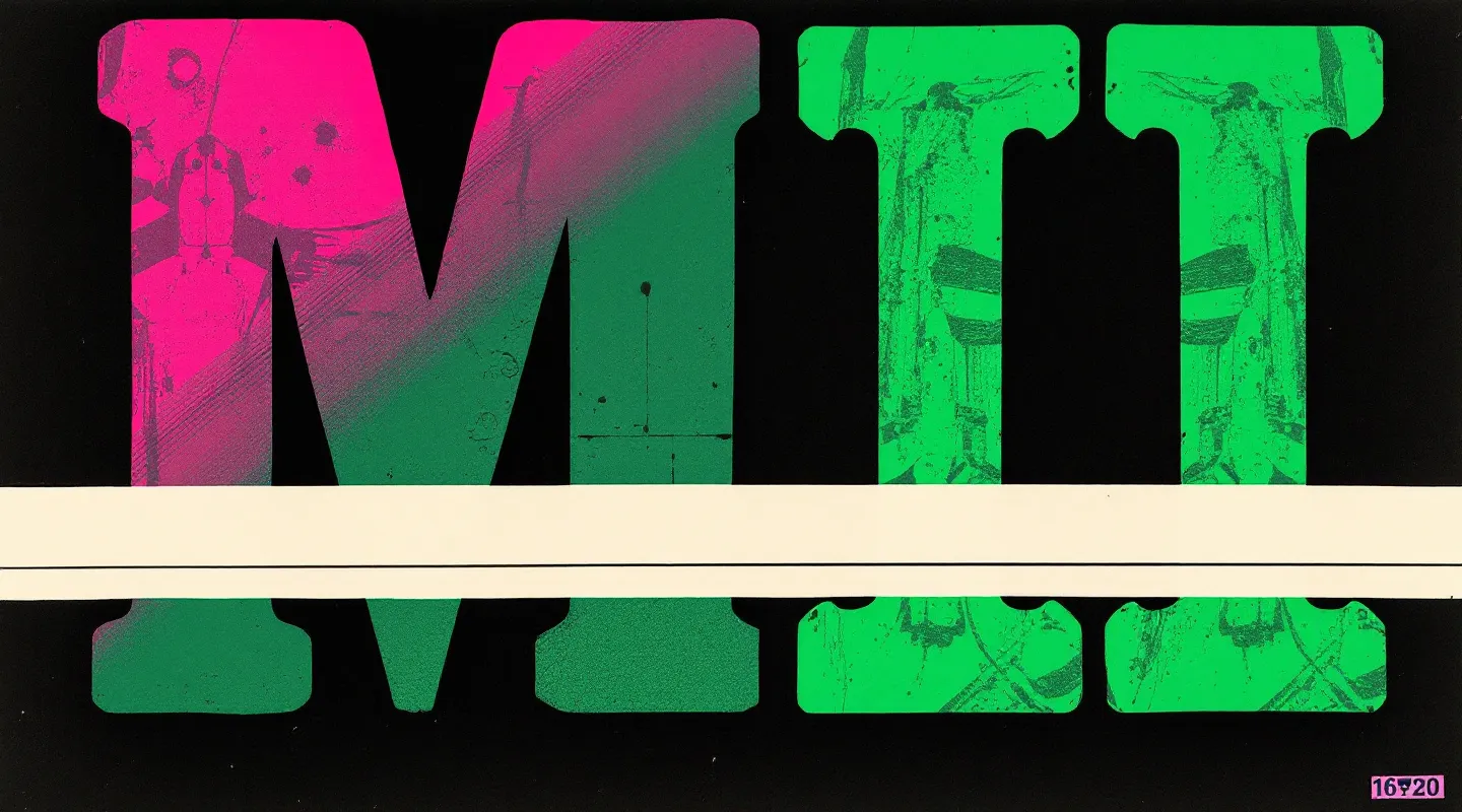 Xeroxed-zine typographic collage with oversized magenta M overlapping acid-green II on a black photocopier-grain ground